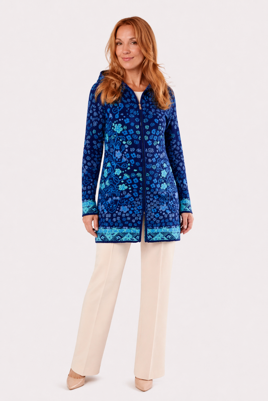 Hooded Knit Coat – Flower Tree – Blue