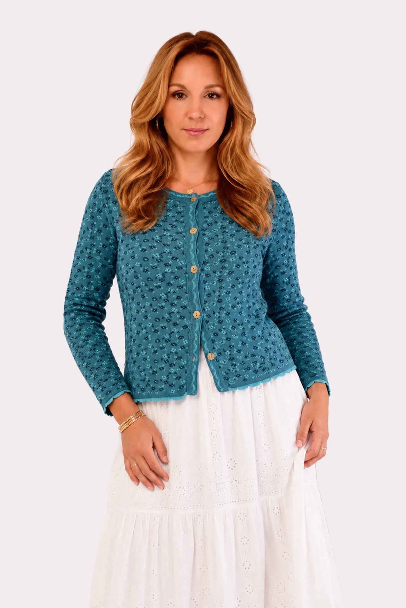 Short Knit Cardigan – Mini Flowers – Petrol